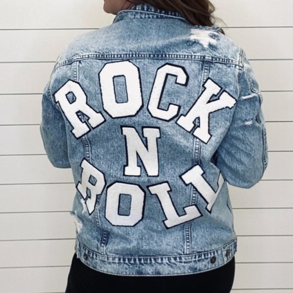 . Judith March Rock N Roll Navy Distressed Patch Varsity Denim Jacket